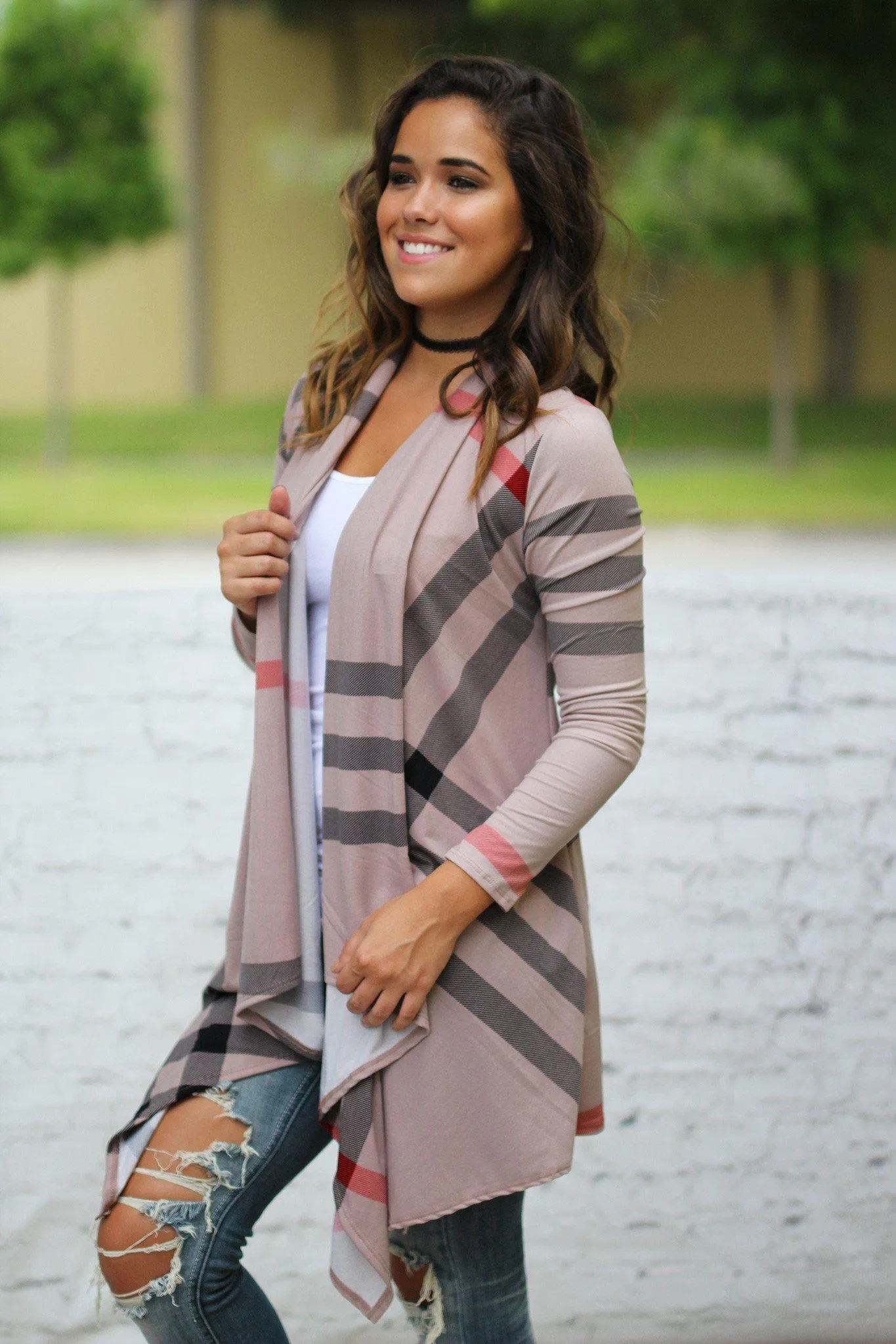 Mocha Check Print Cardigan