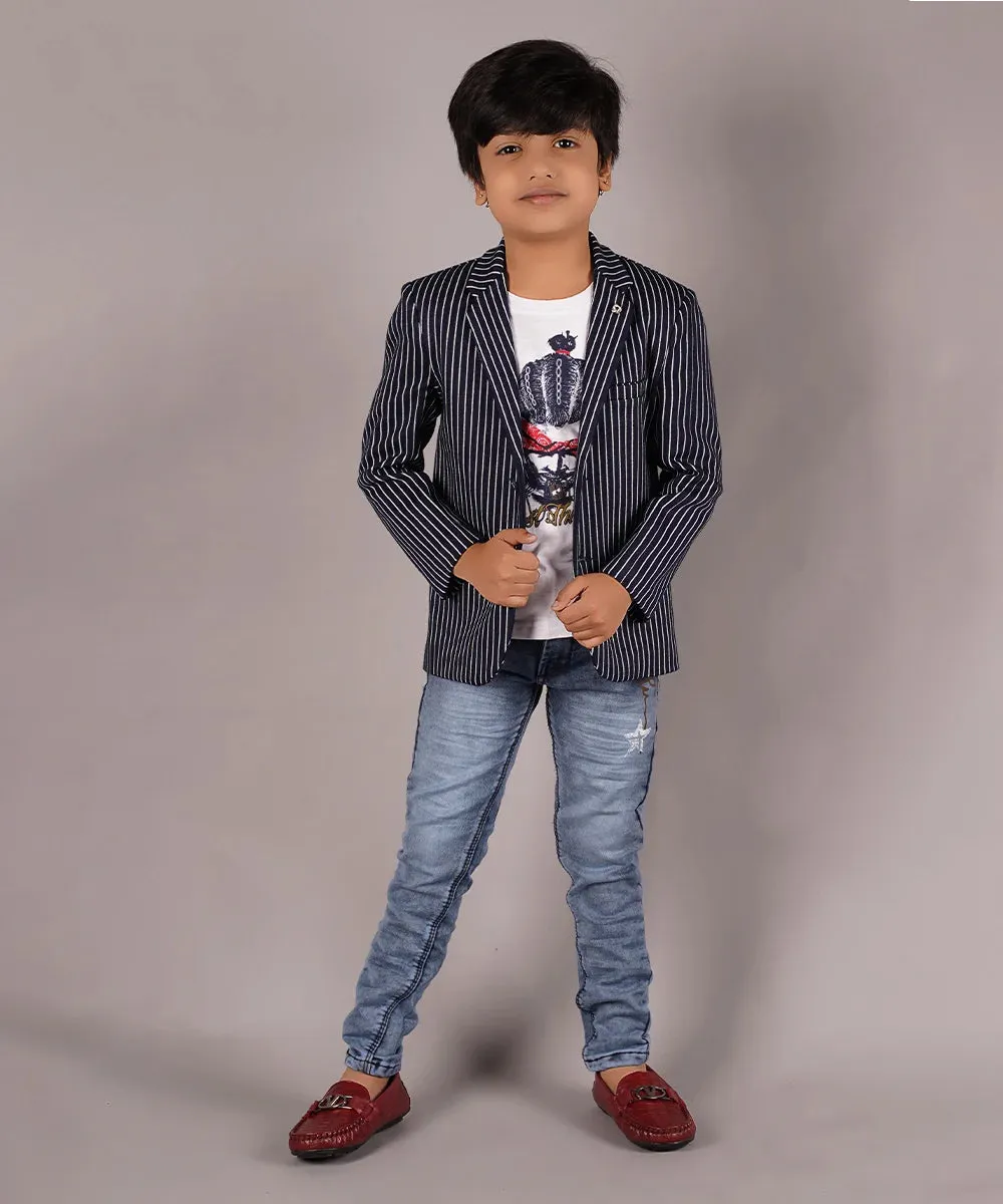 Navy Striped Cotton Blend Party Blazer with T-Shirt for Boys