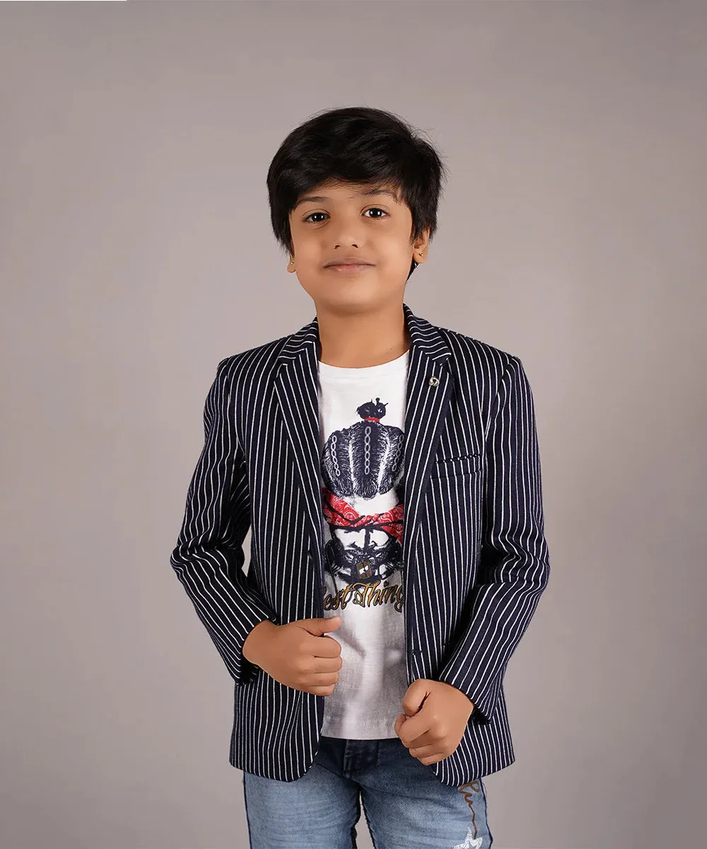 Navy Striped Cotton Blend Party Blazer with T-Shirt for Boys