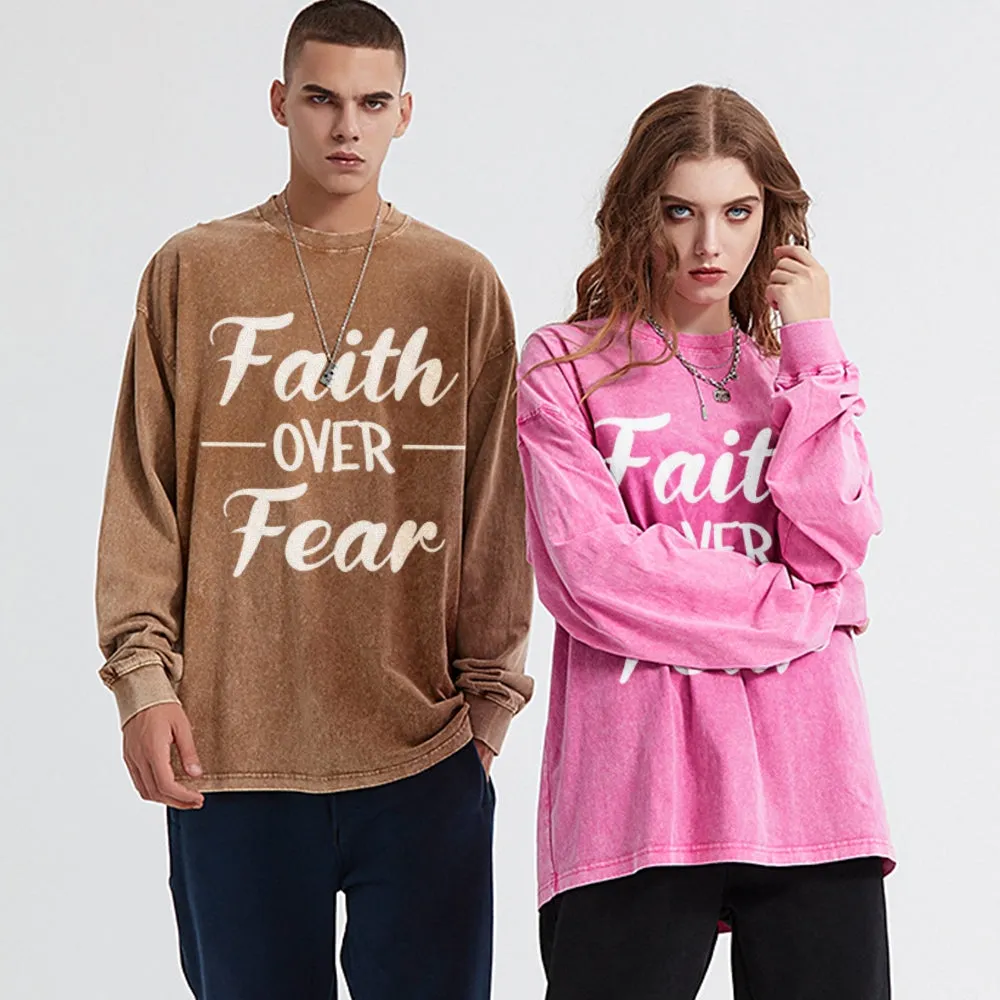 Oversized Vintage Washed Faith Over Fear Letter Graphic Sweatshirt