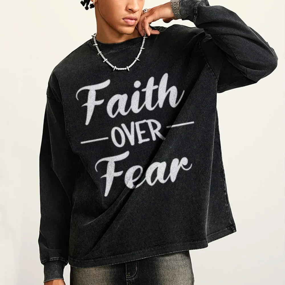 Oversized Vintage Washed Faith Over Fear Letter Graphic Sweatshirt