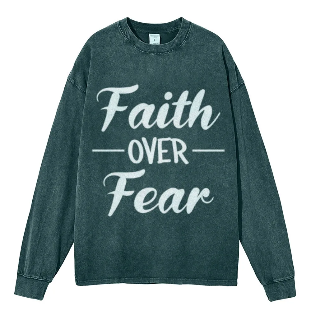 Oversized Vintage Washed Faith Over Fear Letter Graphic Sweatshirt