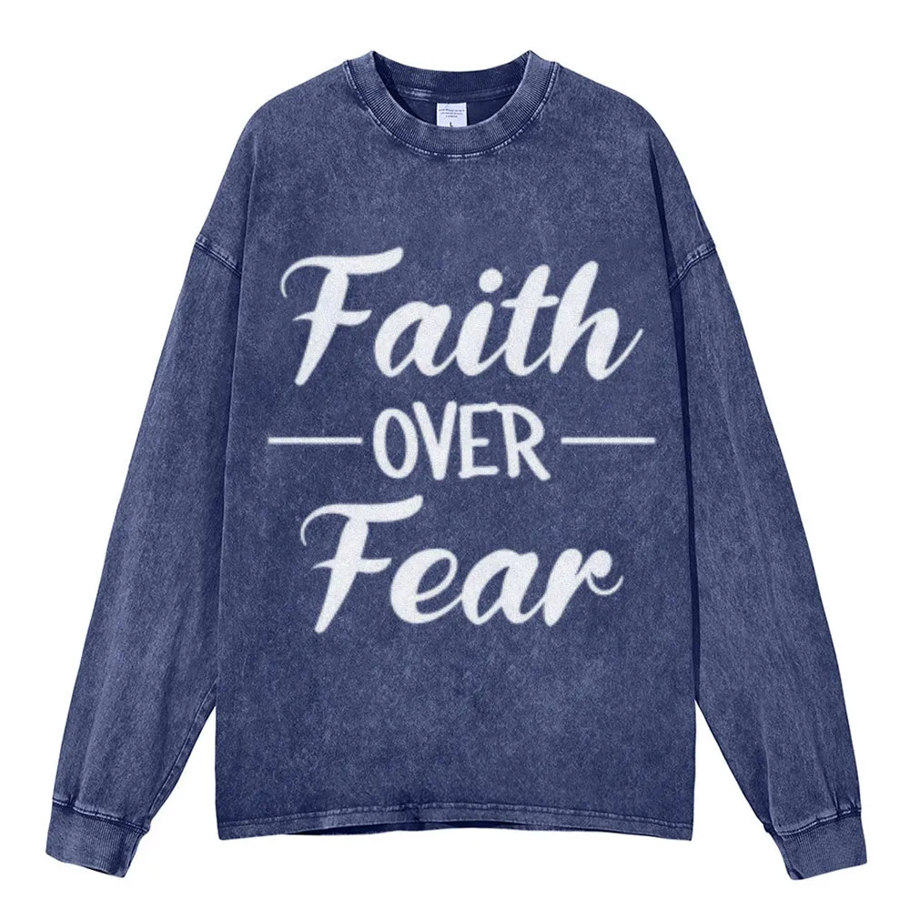 Oversized Vintage Washed Faith Over Fear Letter Graphic Sweatshirt