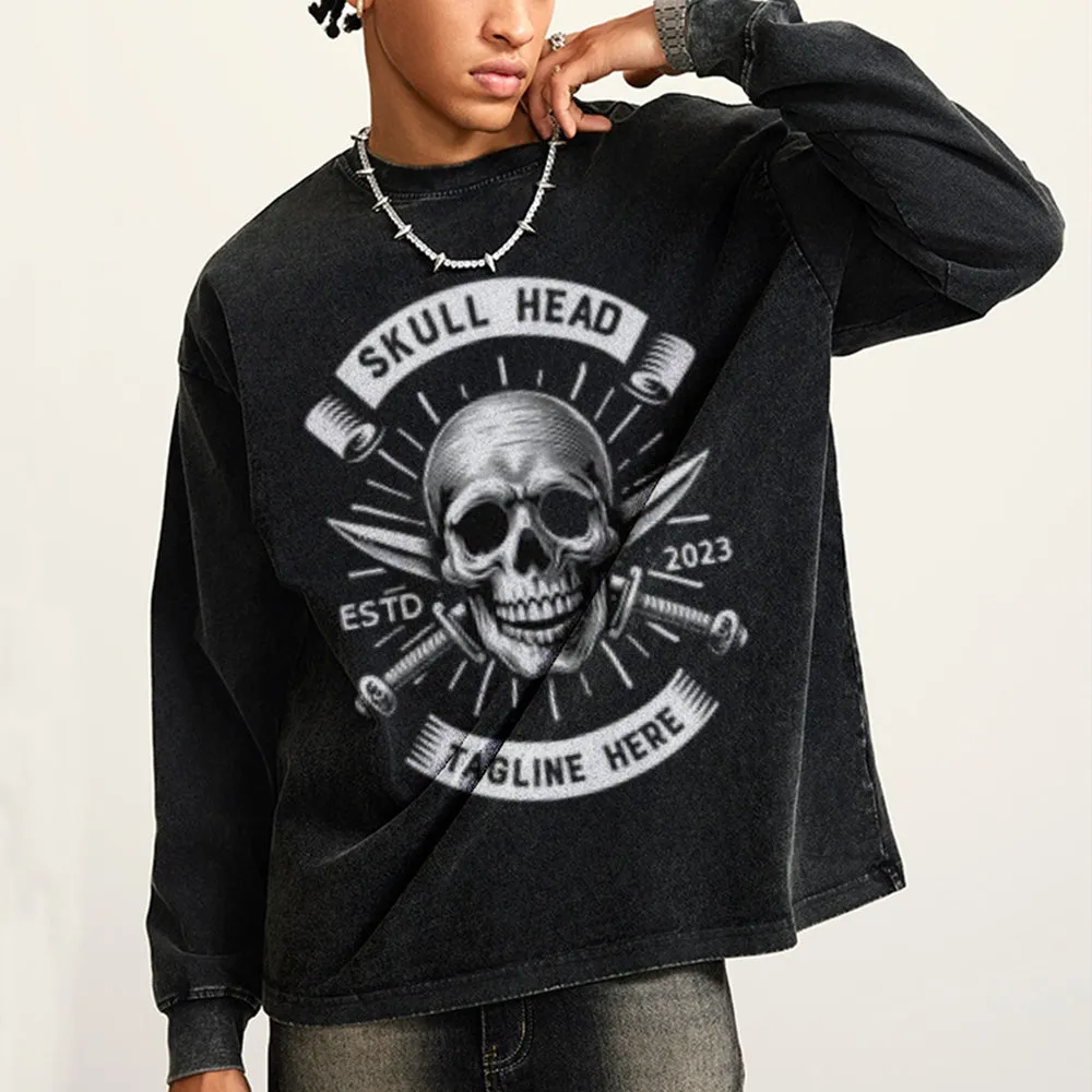 Oversized Vintage Washed Skull Head Graphic Sweatshirt