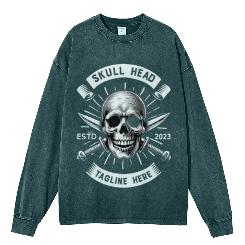 Oversized Vintage Washed Skull Head Graphic Sweatshirt