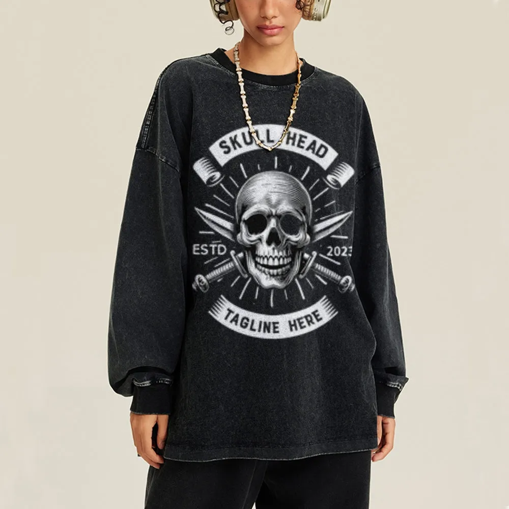 Oversized Vintage Washed Skull Head Graphic Sweatshirt