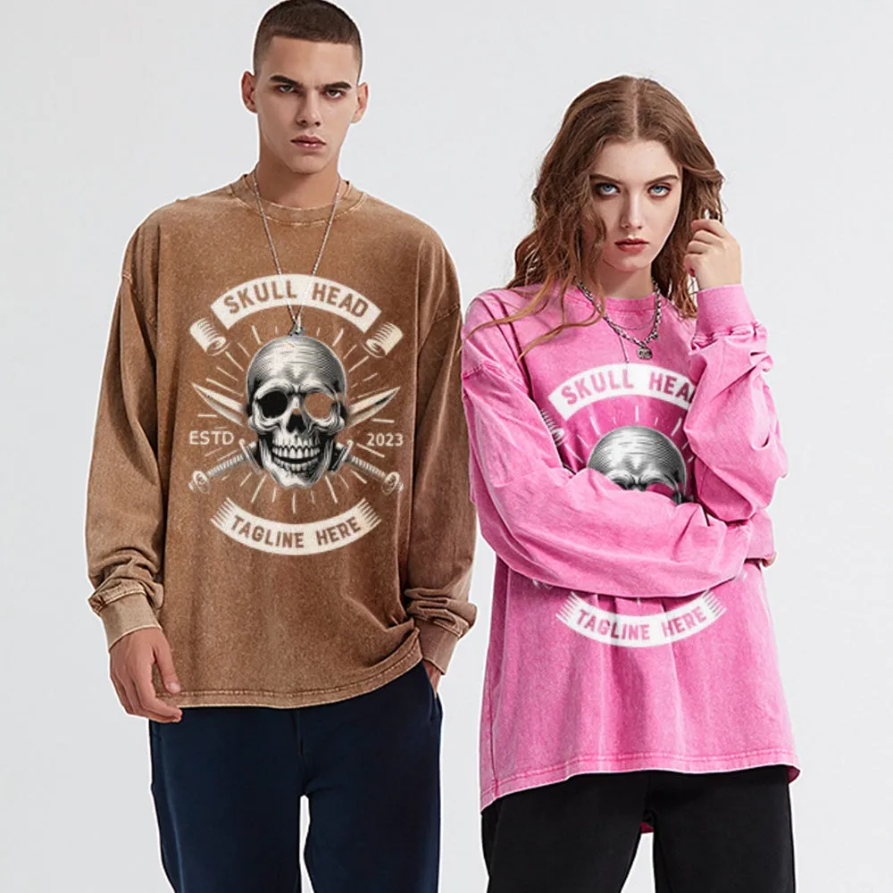 Oversized Vintage Washed Skull Head Graphic Sweatshirt