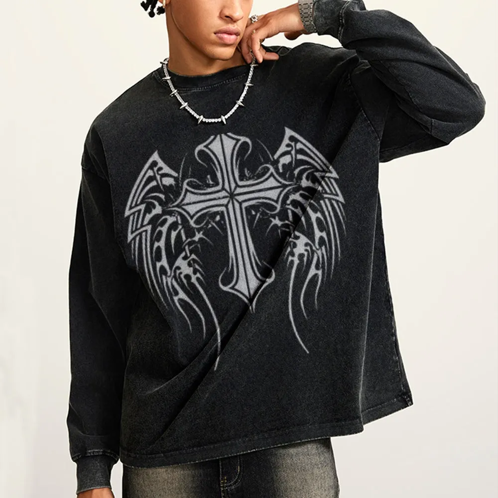 Oversized Vintage Washed Tribal Cross Graphic Sweatshirt