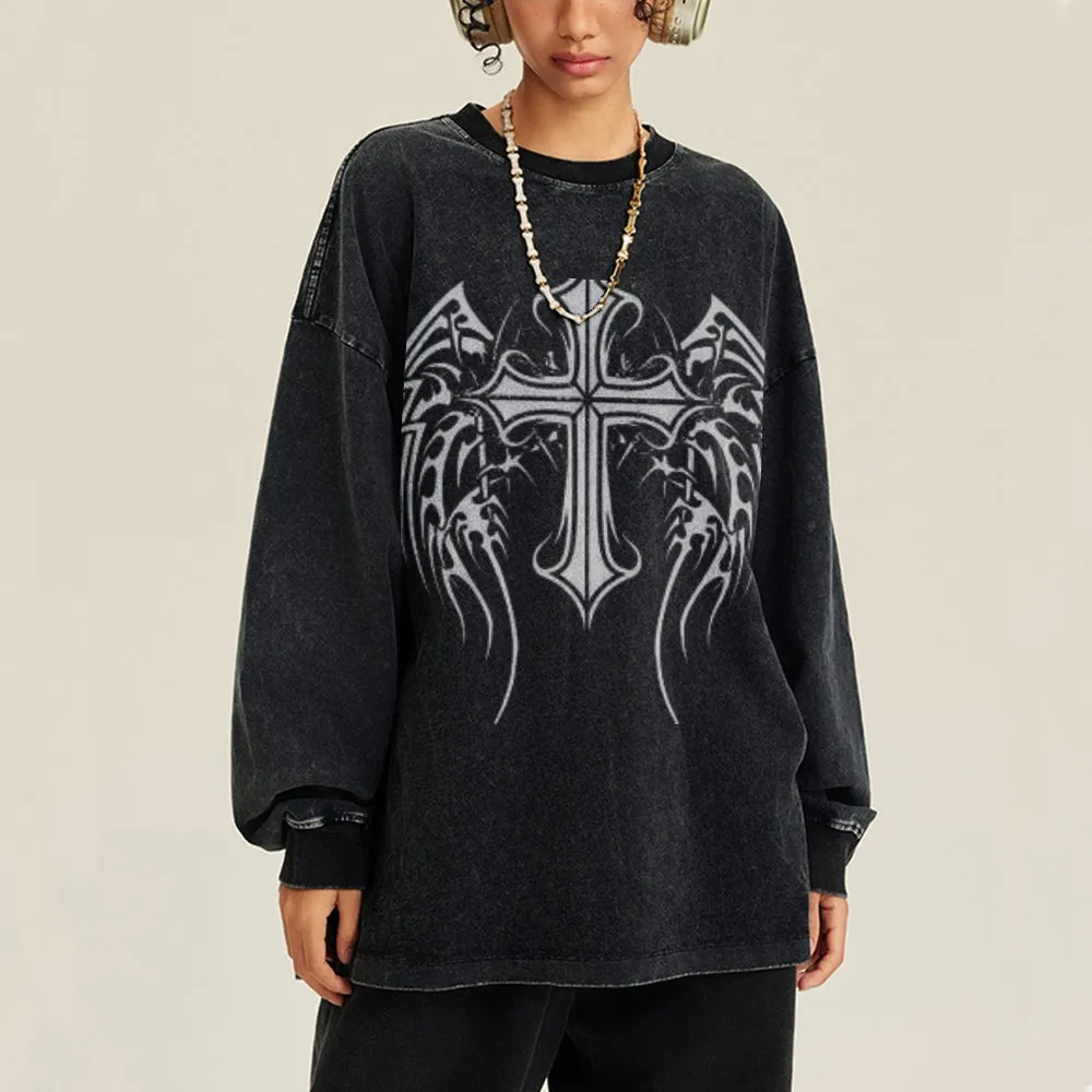 Oversized Vintage Washed Tribal Cross Graphic Sweatshirt