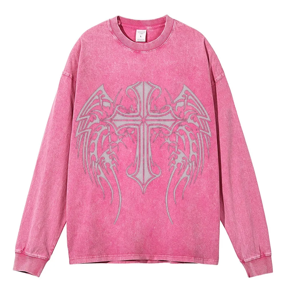 Oversized Vintage Washed Tribal Cross Graphic Sweatshirt