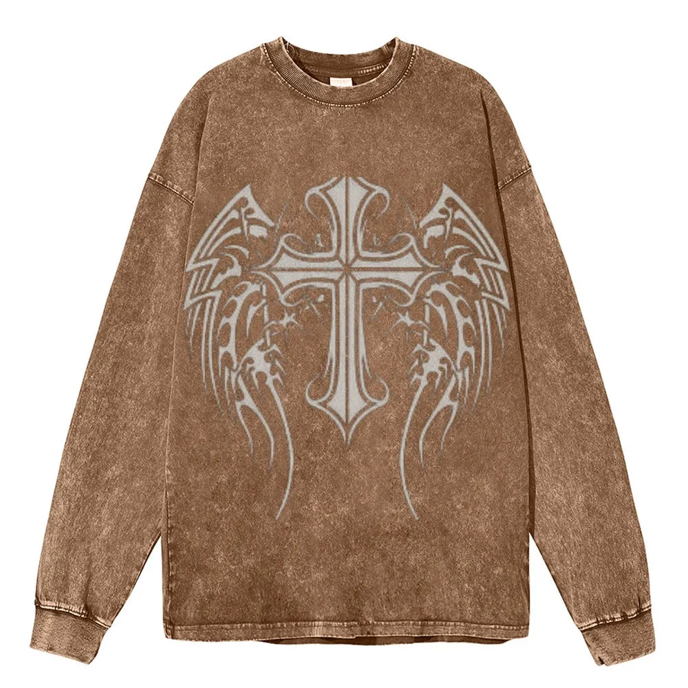 Oversized Vintage Washed Tribal Cross Graphic Sweatshirt