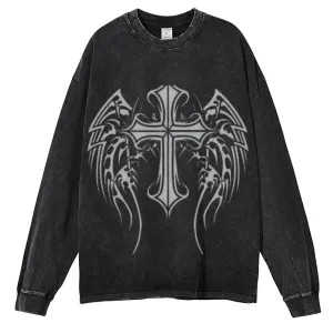 Oversized Vintage Washed Tribal Cross Graphic Sweatshirt