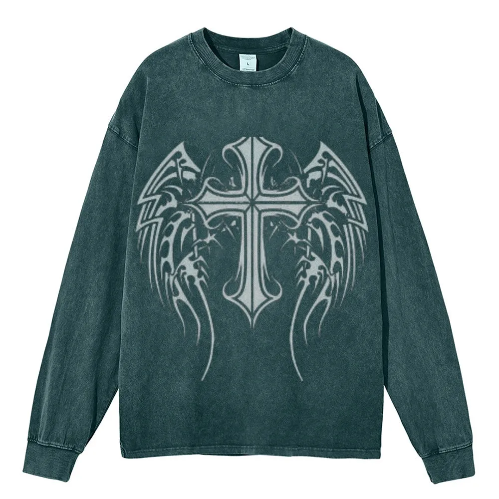 Oversized Vintage Washed Tribal Cross Graphic Sweatshirt