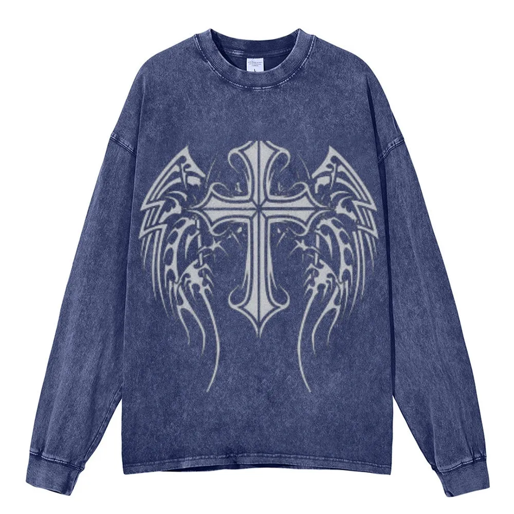 Oversized Vintage Washed Tribal Cross Graphic Sweatshirt