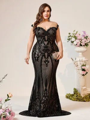 Plus Size Black Lace Sheer Luxurious Beaded Mermaid Dress