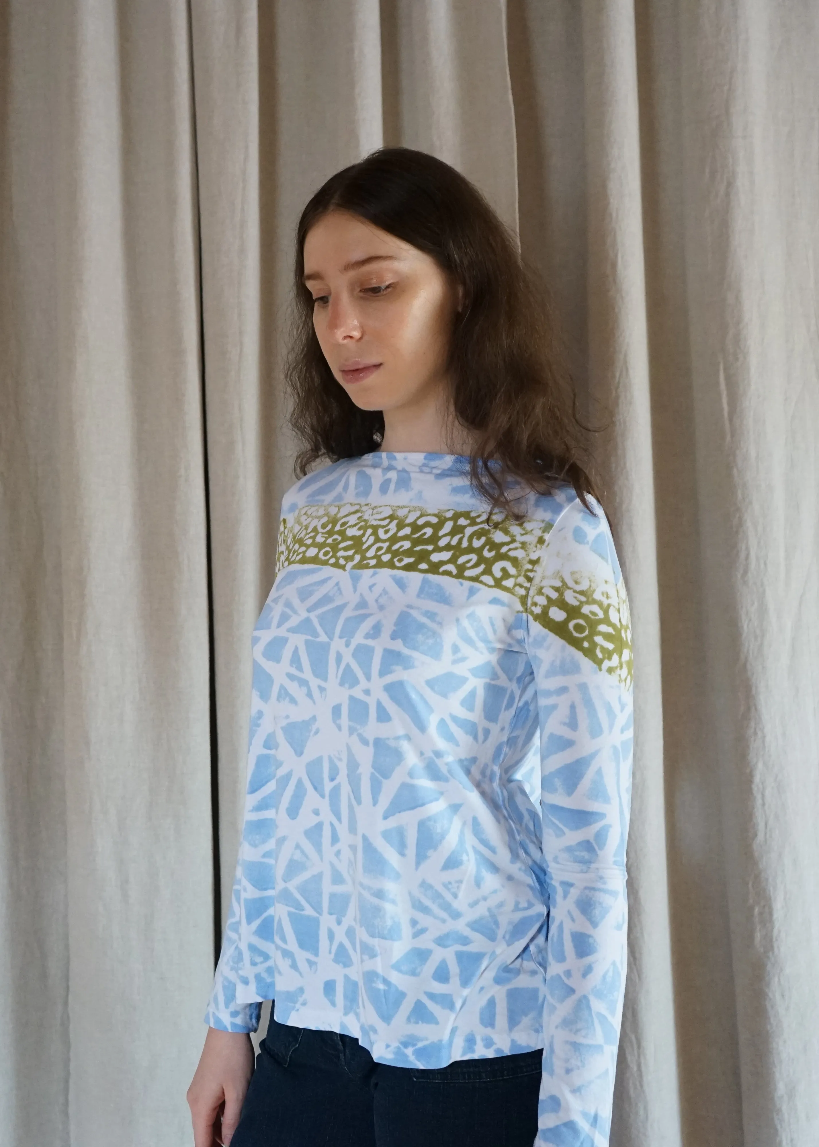 Relaxed Boat Neck Long Sleeve, Sky Blue and Green