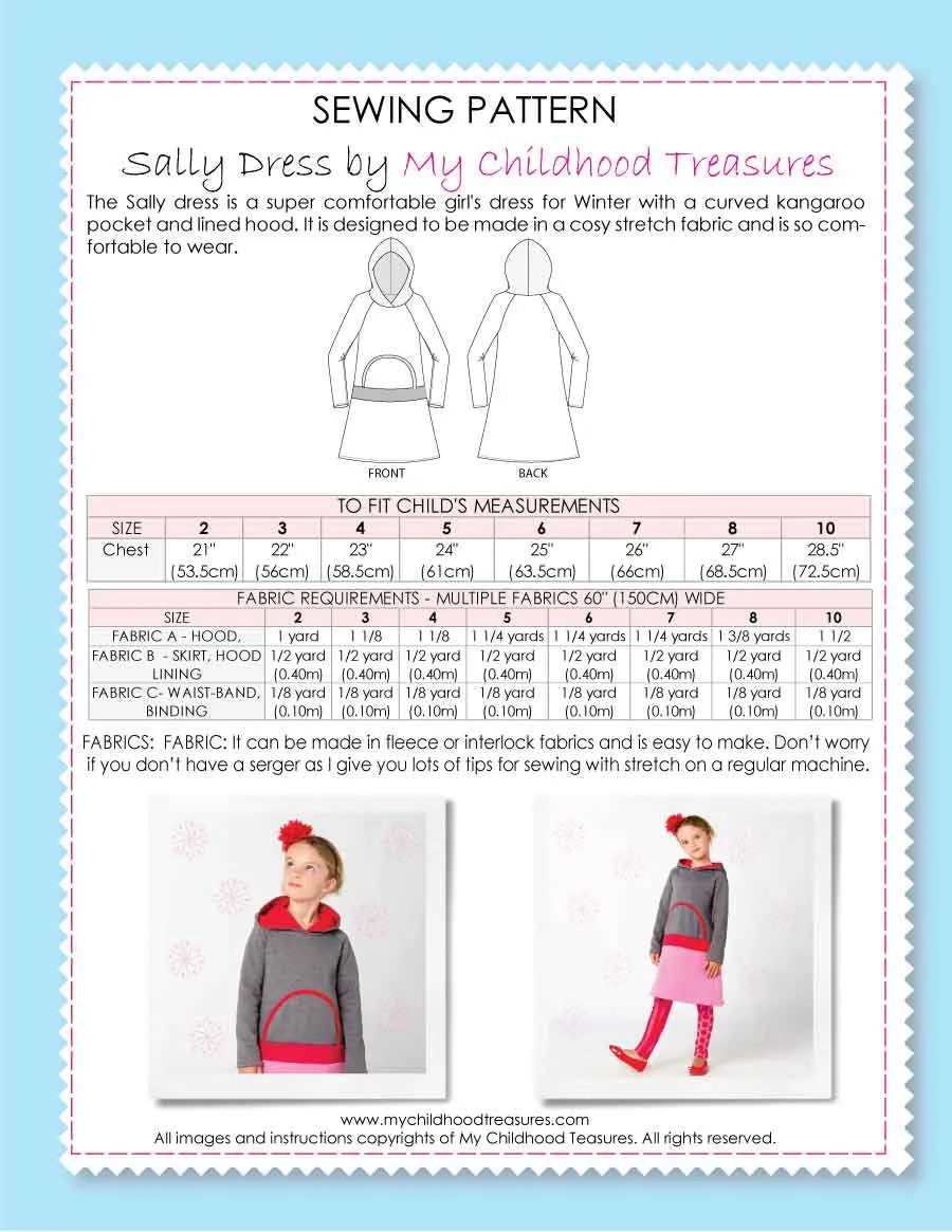 SALLY - Girls Dress Pattern - Stretch, Hood