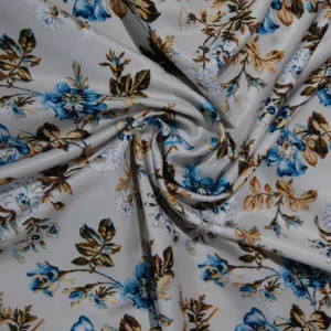 Tea Green Floral Print Semi Satin Twill Fabric