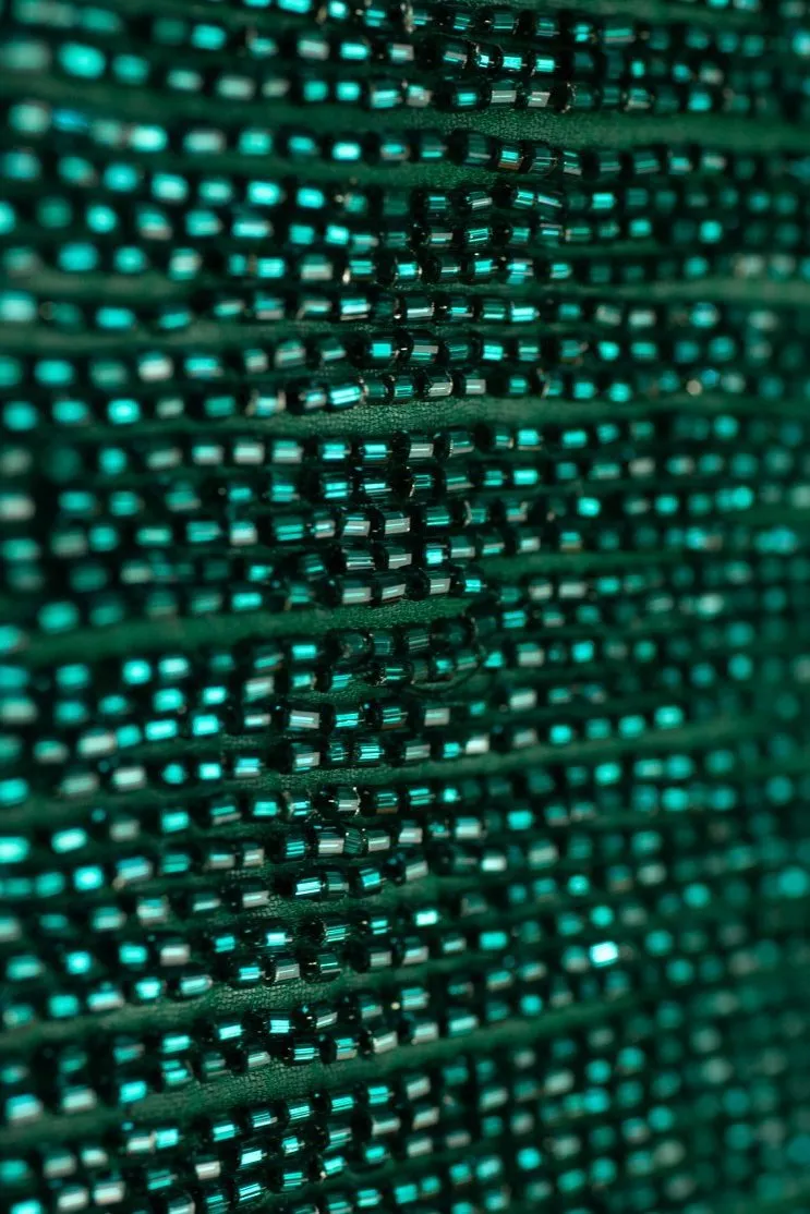 Teal Micro Bugle Beads on Silk Georgette Fabric