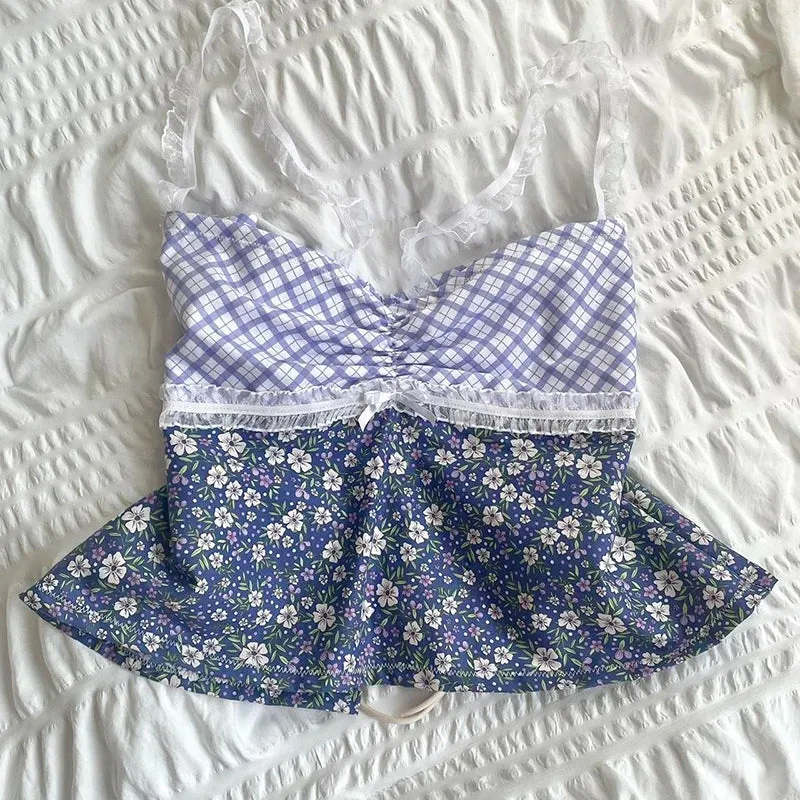 Territory Plaid Floral Print Milkmaid Tops 00s Retro Coquette Camis Fairycore Y2K Lace Trim Backless Tie Up Crop Tops Chic Cute Mini Vest