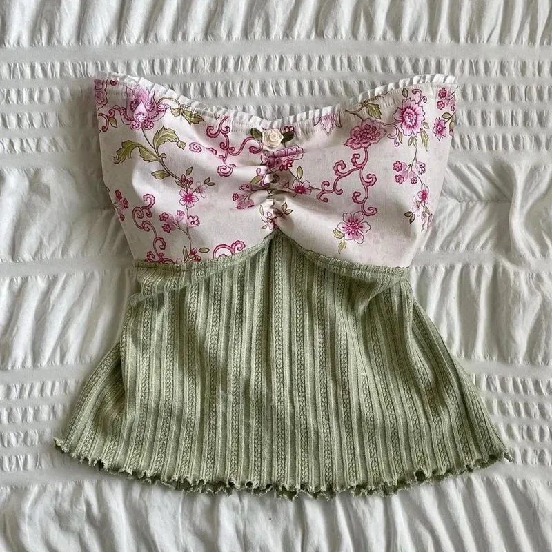 Territory Plaid Floral Print Milkmaid Tops 00s Retro Coquette Camis Fairycore Y2K Lace Trim Backless Tie Up Crop Tops Chic Cute Mini Vest