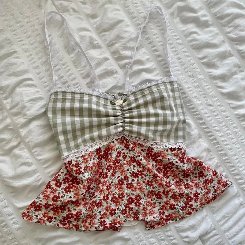 Territory Plaid Floral Print Milkmaid Tops 00s Retro Coquette Camis Fairycore Y2K Lace Trim Backless Tie Up Crop Tops Chic Cute Mini Vest