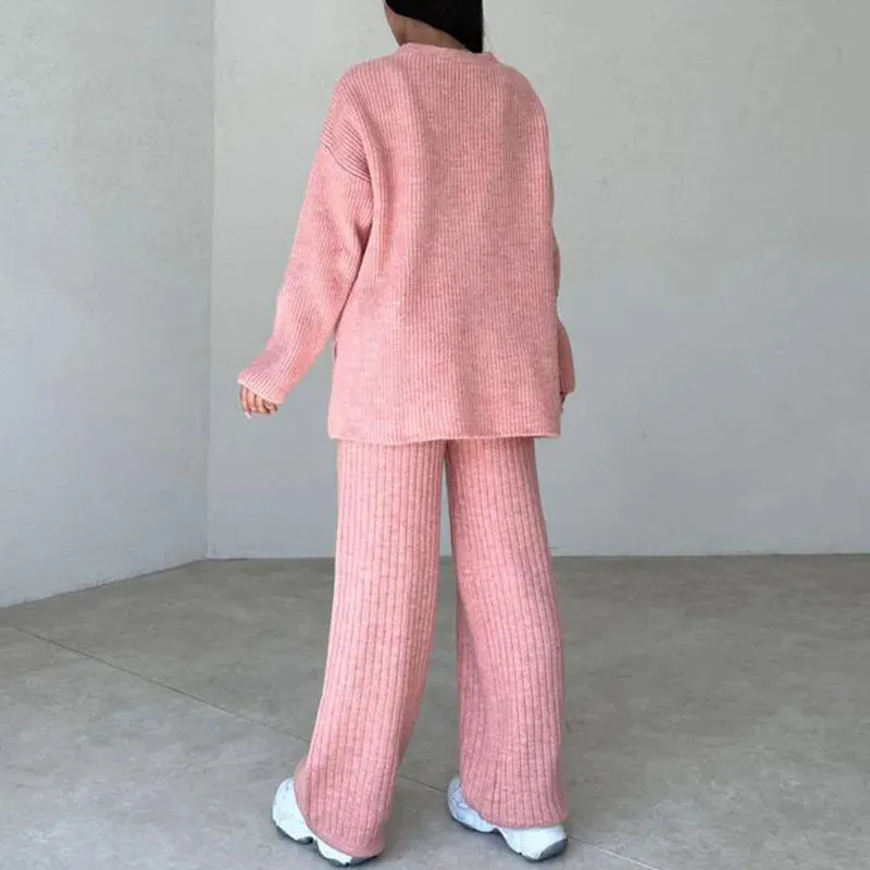 Women's Knit Pattern Sweater, Cardigan Vest and Pants Three Piece Outfit Set